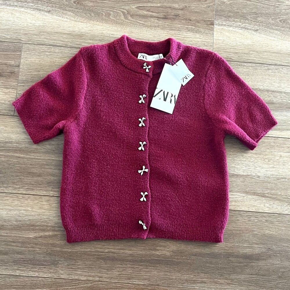 Zara BOW-SHAPED BUTTON KNIT CARDIGAN - BURGUNDY- NWT